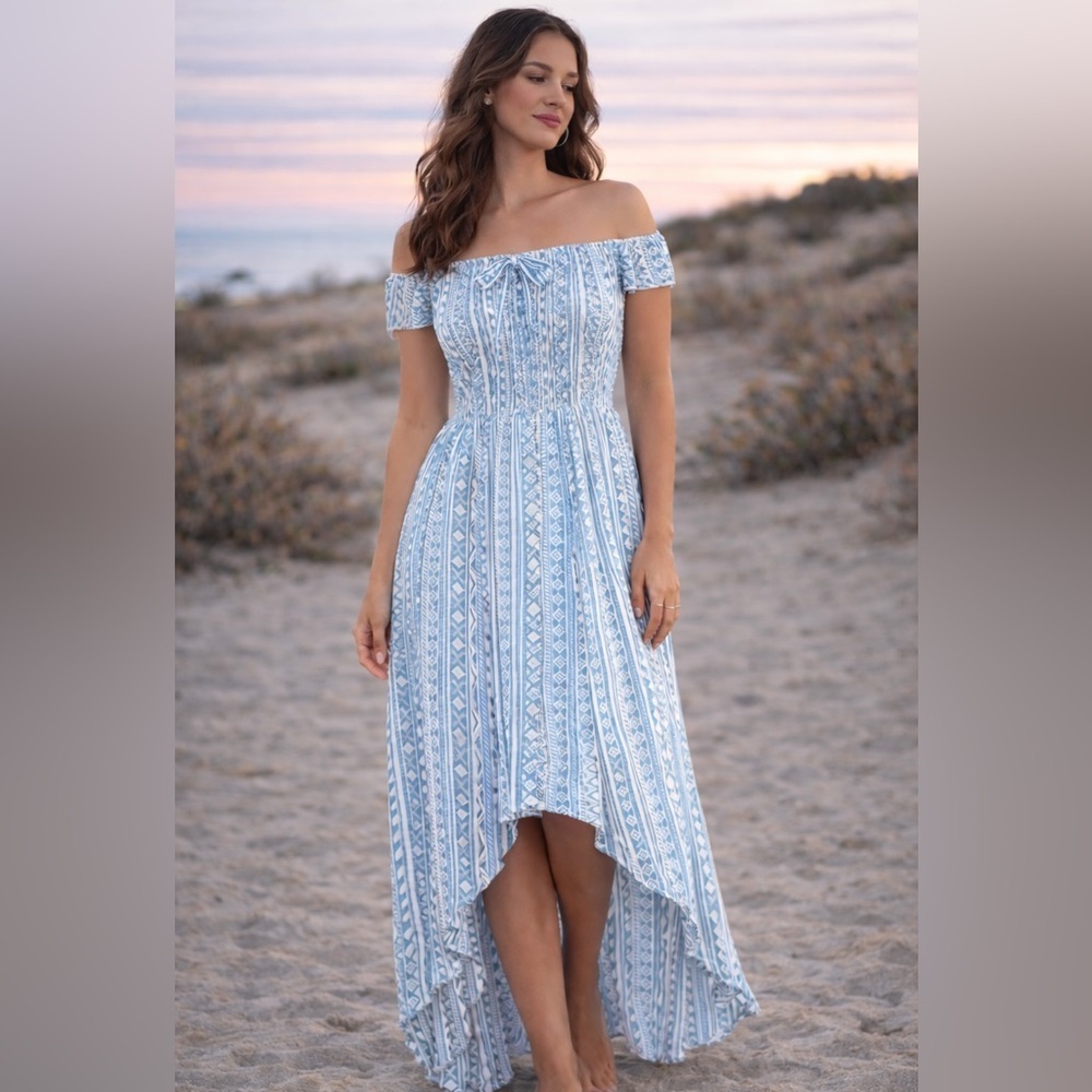 Salty Lemon Blue White Smocked Off Shoulder High Low Maxi Dress Boho Beach M